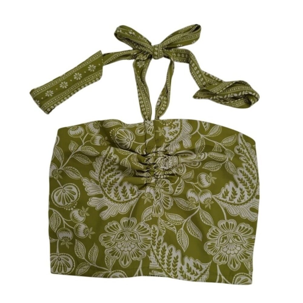 Green & White Floral Smocked Halter Crop Top By Rose + Olive XS, NWT.